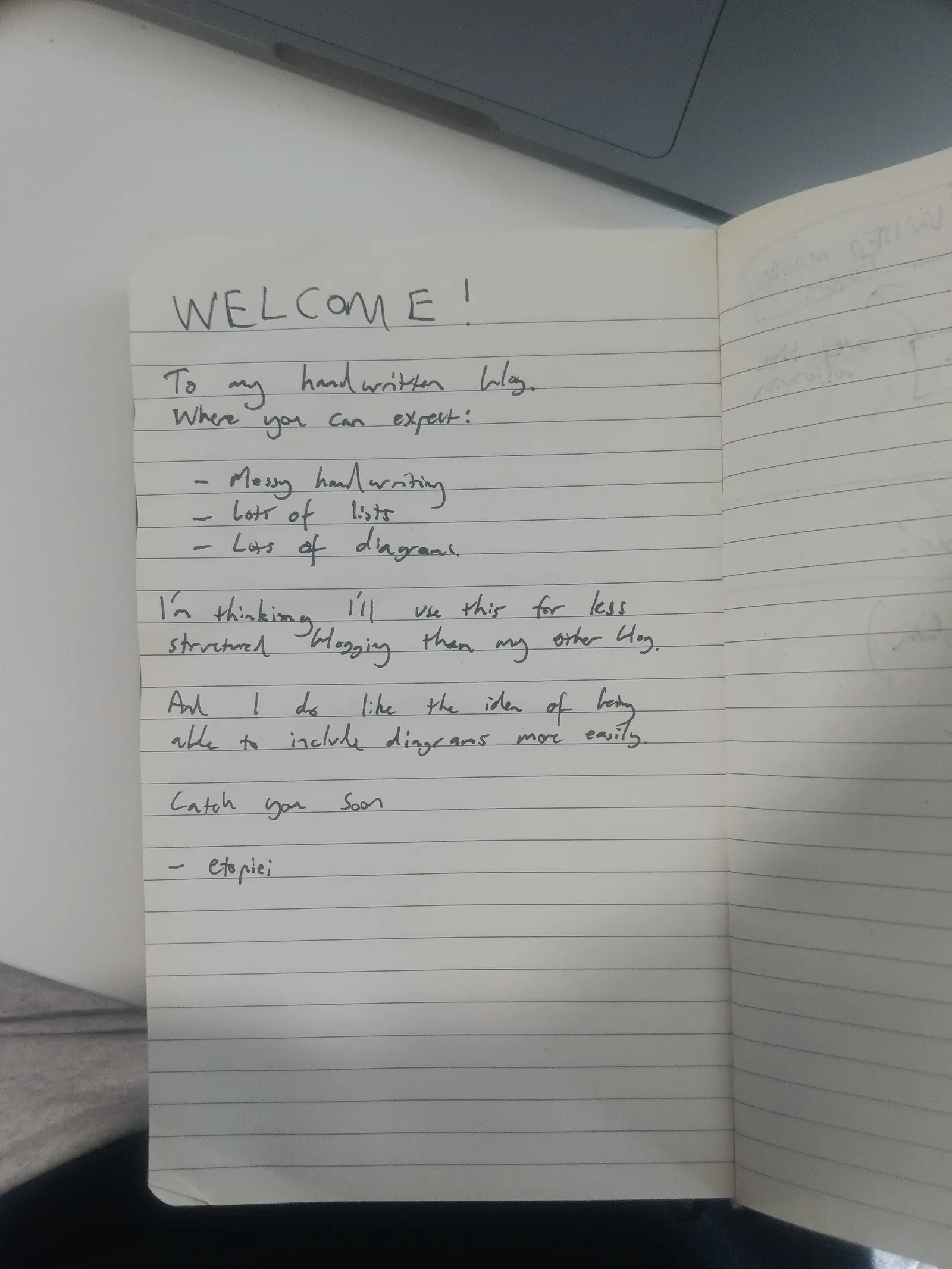 Welcome, first handwritten page